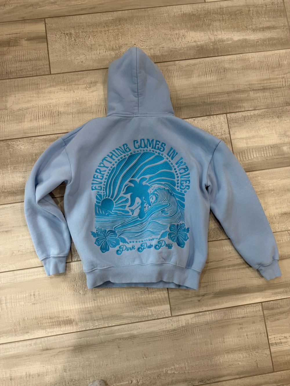 Pink Palm Puff Light Blue Graphic Hoodie Everything Comes in Waves